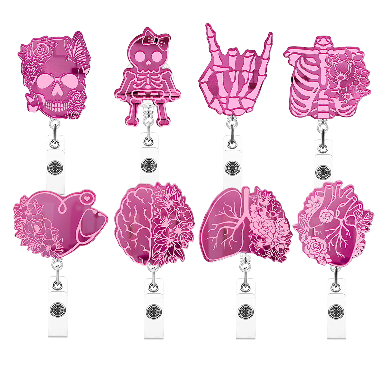Wholesale Pink Series Skull Finger Heart Brain Lung Telescopic Rotating Easy Pull Badge Clip Easy Pull Buckle