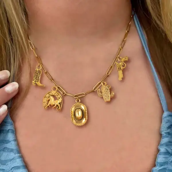 Wholesale Retro Western Cowboy Boot Gun Locket Necklace For Women Stainless Steel Cactus Horse Head Multi-Pendent Lobster Clasp Chain