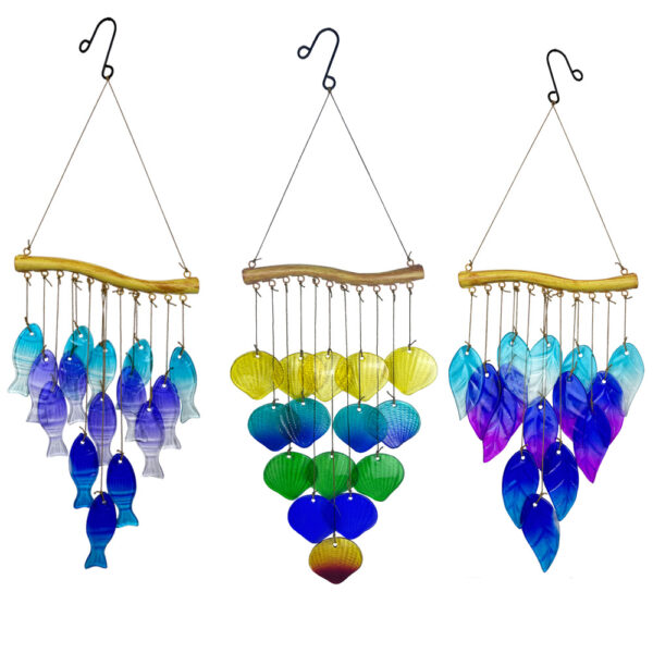 Wholesale Cross-border New Wind Bell Courtyard Hanging Iron Hot Melt Stained Glass Fish Leaves Creative Garden Home Hanging Decoration
