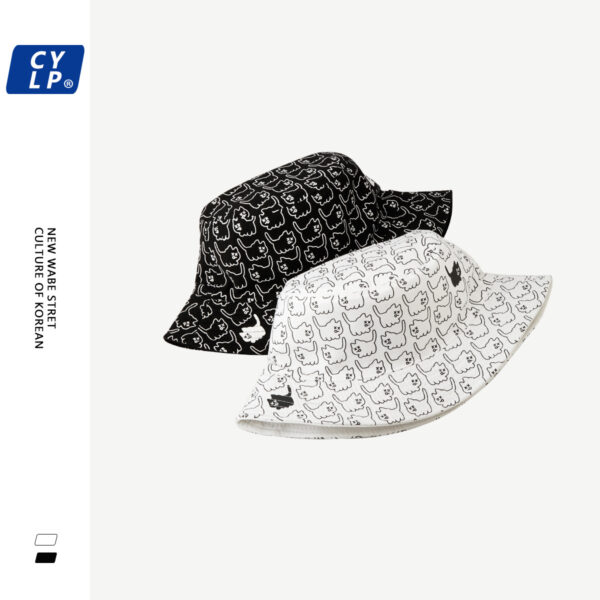 Wholesale Student Hat Children's Summer Korean-style Cute Cat Embroidered Double-sided Fisherman Hat Couple's Black and White Basin Hat Sun Hat for Men