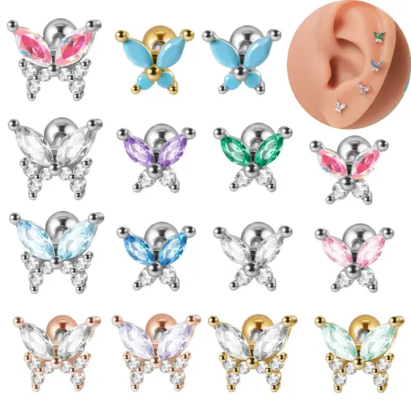 Wholesale 1 Piece Ear Cartilage Rings & Studs Artistic Butterfly 304 Stainless Steel Turquoise Zircon Inlay Turquoise Zircon