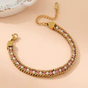 Pink with Pearl / One Size / 1 Piece Rhinestone-Encrusted Chain Bracelet