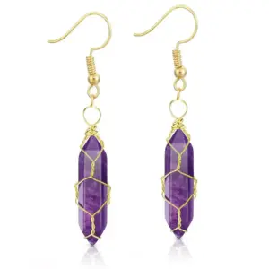 Gold Amethyst Earrings / Wire-Wound Hexagon Prism Earrings