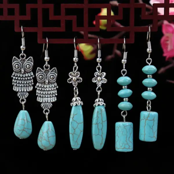 Wholesale 1 Pair Elegant Lady Ethnic Style Owl Flower Butterfly Turquoise Drop Earrings
