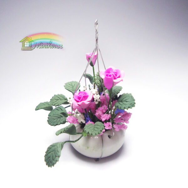 Wholesale 1:12 dollhouse accessories dollhouse mini clay flower plant pot pink rose hanging pot flower arrangement model