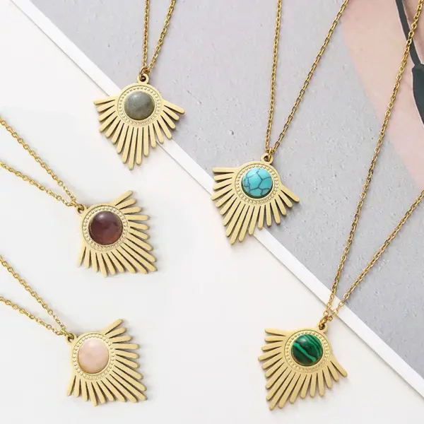 Wholesale Retro Round Stripe Stainless Steel Inlay Natural Stone Turquoise Pendant Necklace 1 Piece