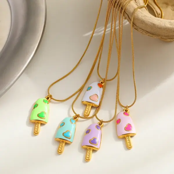 Wholesale Adorable Fresh 18K Gold Plated Stainless Steel Ice Cream Pendant Necklace Drop Oil Design Casual Romantic Commute Style