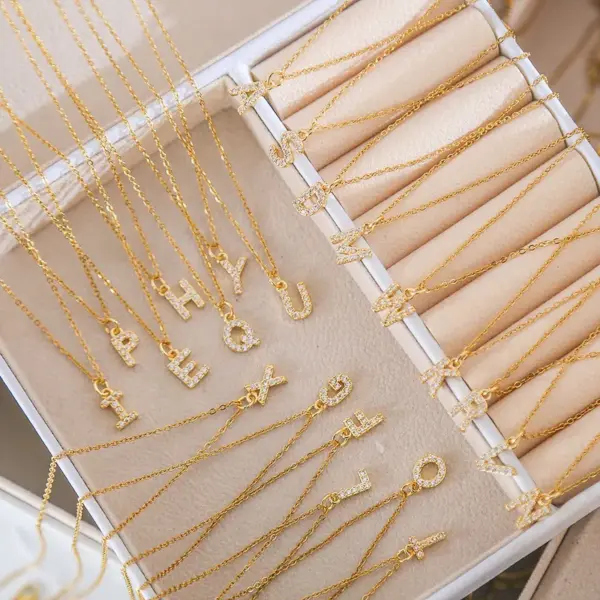 Wholesale 304 Stainless Steel Copper Letter Vacuum Plating Zircon 18K Real Gold Plated Streetwear Plating Inlay Pendant Necklace