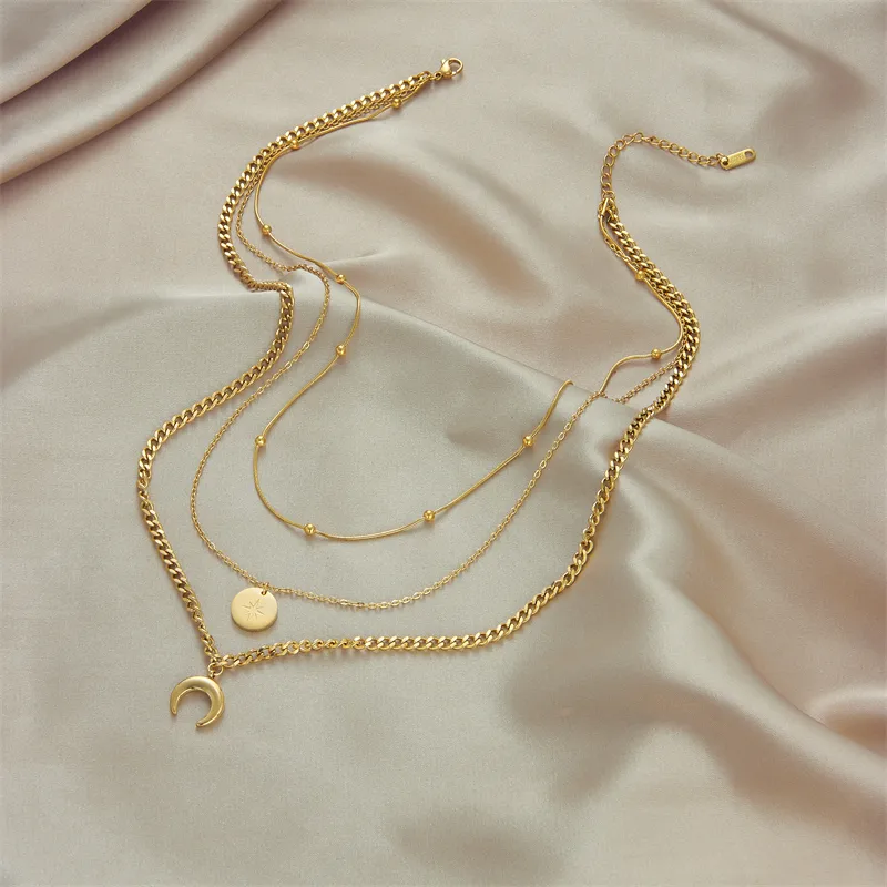 Wholesale PVD Coated 18K Gold Plated Star Moon Stainless Steel Vintage Style Waterproof Non Tarnish 304 Stainless Steel Layered Necklaces