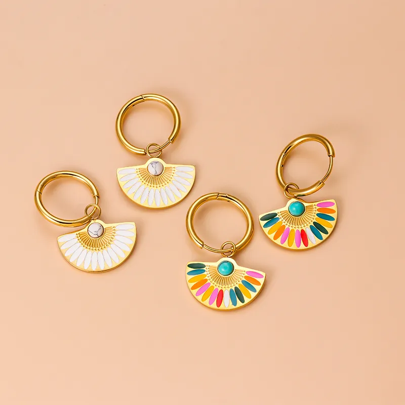 Wholesale 1 Pair Bohemian Sector Enamel 304 Stainless Steel Turquoise Stainless Steel Earrings