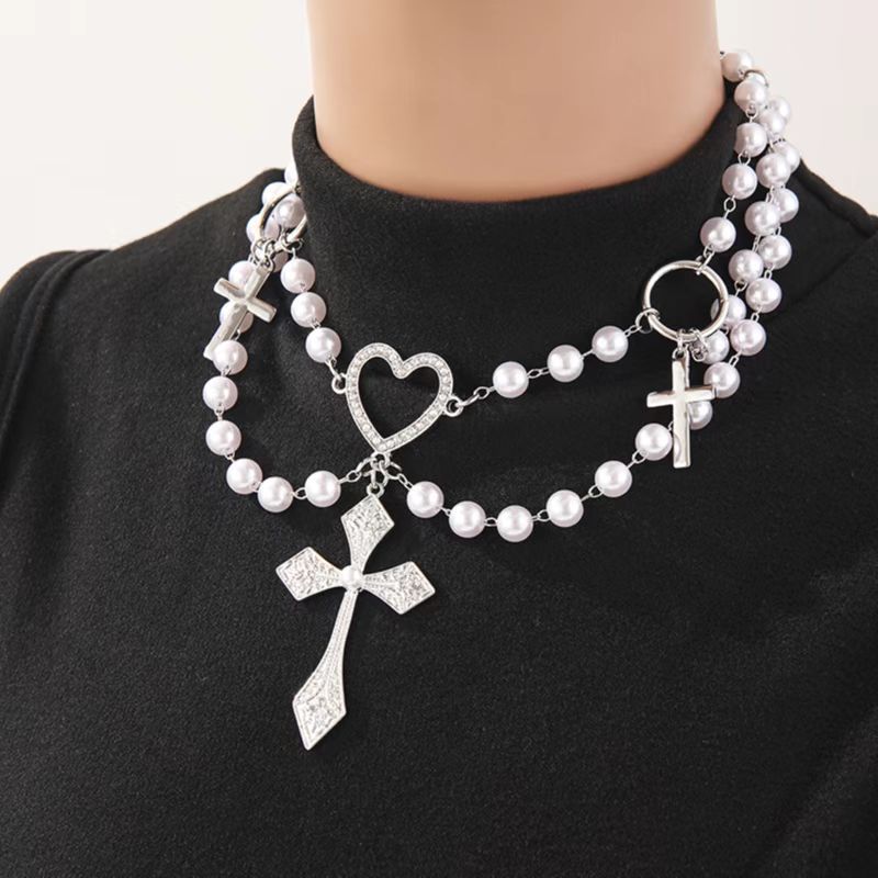 Wholesale European and American Socialite Pearl Diamond Love Cross Necklace Female ins Niche Design Retro Hip-hop Simple Necklace
