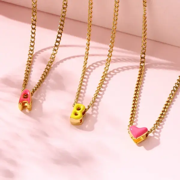 Wholesale Single 304 Stainless Steel Women's 18K Gold Plated Colorful Initial 3D Oil Drop Bubble Letter Pendant Necklace