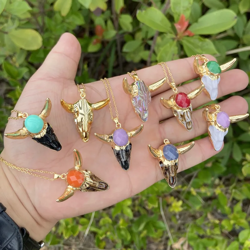 Wholesale Bohemian Cattle Stainless Steel Inlay Resin Pendant Necklace