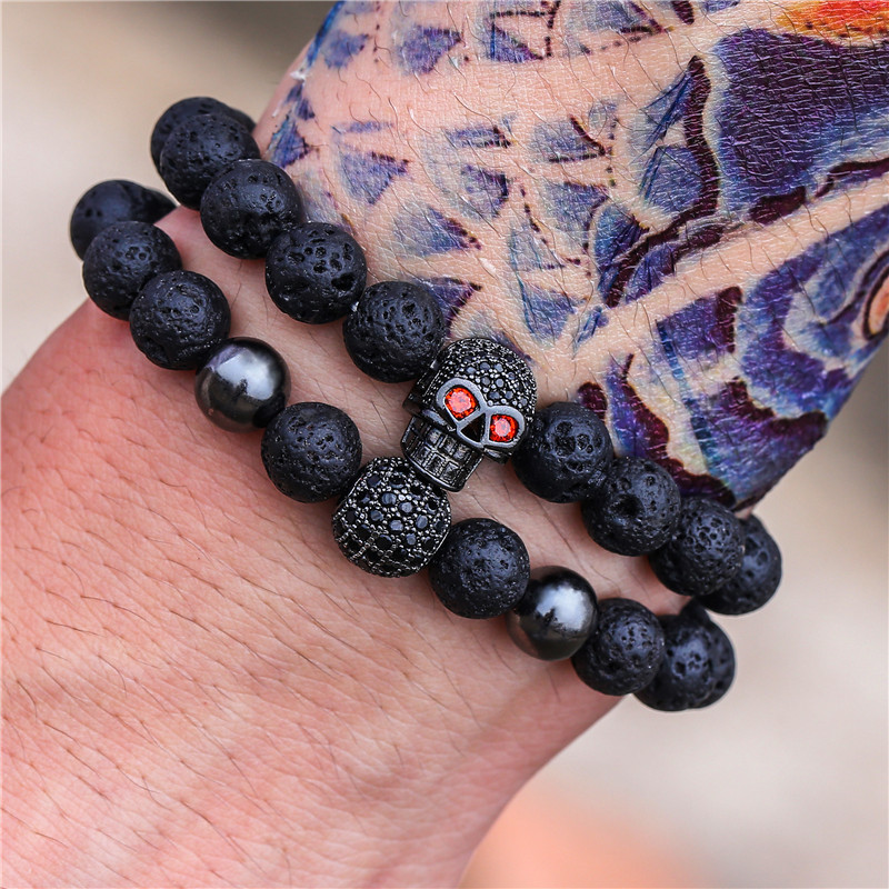 Wholesale Amazon Punk Bracelet Micropaved Zircon Diamond Ball Skull Set Bracelet Men's Volcanic Stone Bead Bracelet