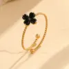 Wholesale PVD Coated Real Gold Plated Four Leaf Clover 304 Stainless Steel Basic Retro Modern Style Waterproof Non Tarnish Adjustable Ring