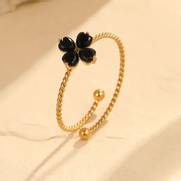 Wholesale PVD Coated Real Gold Plated Four Leaf Clover 304 Stainless Steel Basic Retro Modern Style Waterproof Non Tarnish Adjustable Ring