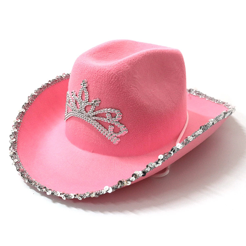 Wholesale Feather-edged letter cowboy hat sequins pink factory st western cowboy hat pink crown cowboy hat