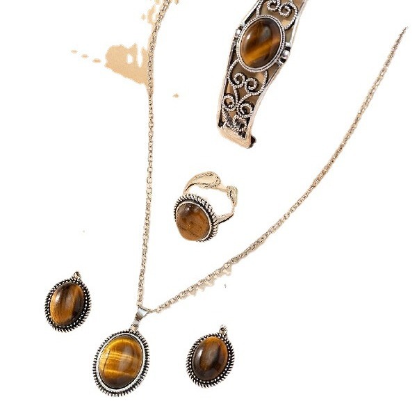 Wholesale Cross-border European and American fashion national style four-piece natural stone tiger eye stone necklace earrings ring bracelet jewelry suit