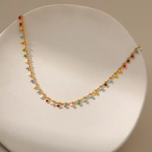 Wholesale 18k Real Gold Plated Geometric Colorful Seed Bead Copper Retro Necklace