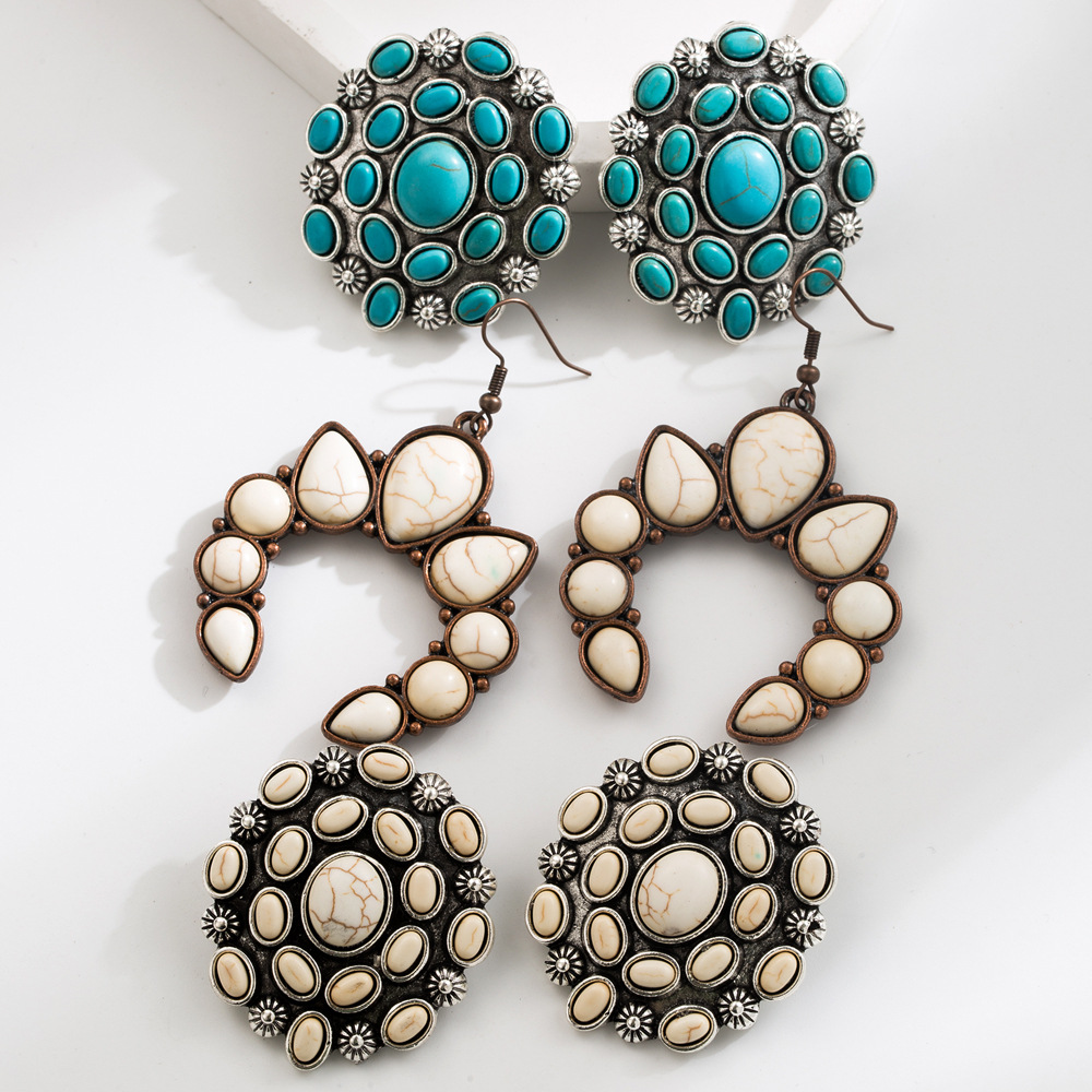 Wholesale Europe and the United States cross-border western wind exaerated white turquoise earrings new retro geometric stud earrings temperament high