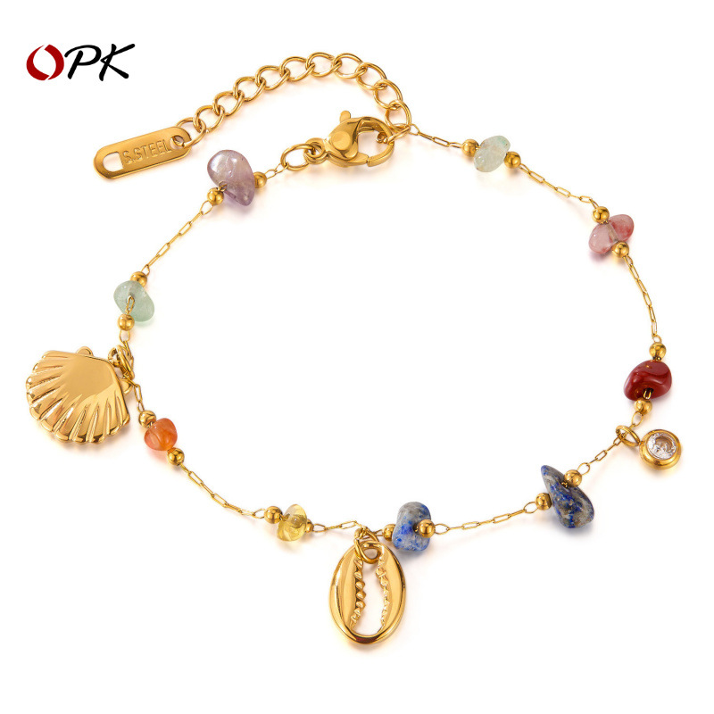 Wholesale OPK Europe and the United States INS niche marine style high sense bracelet women's stainless steel shell all-match colored stone titanium s