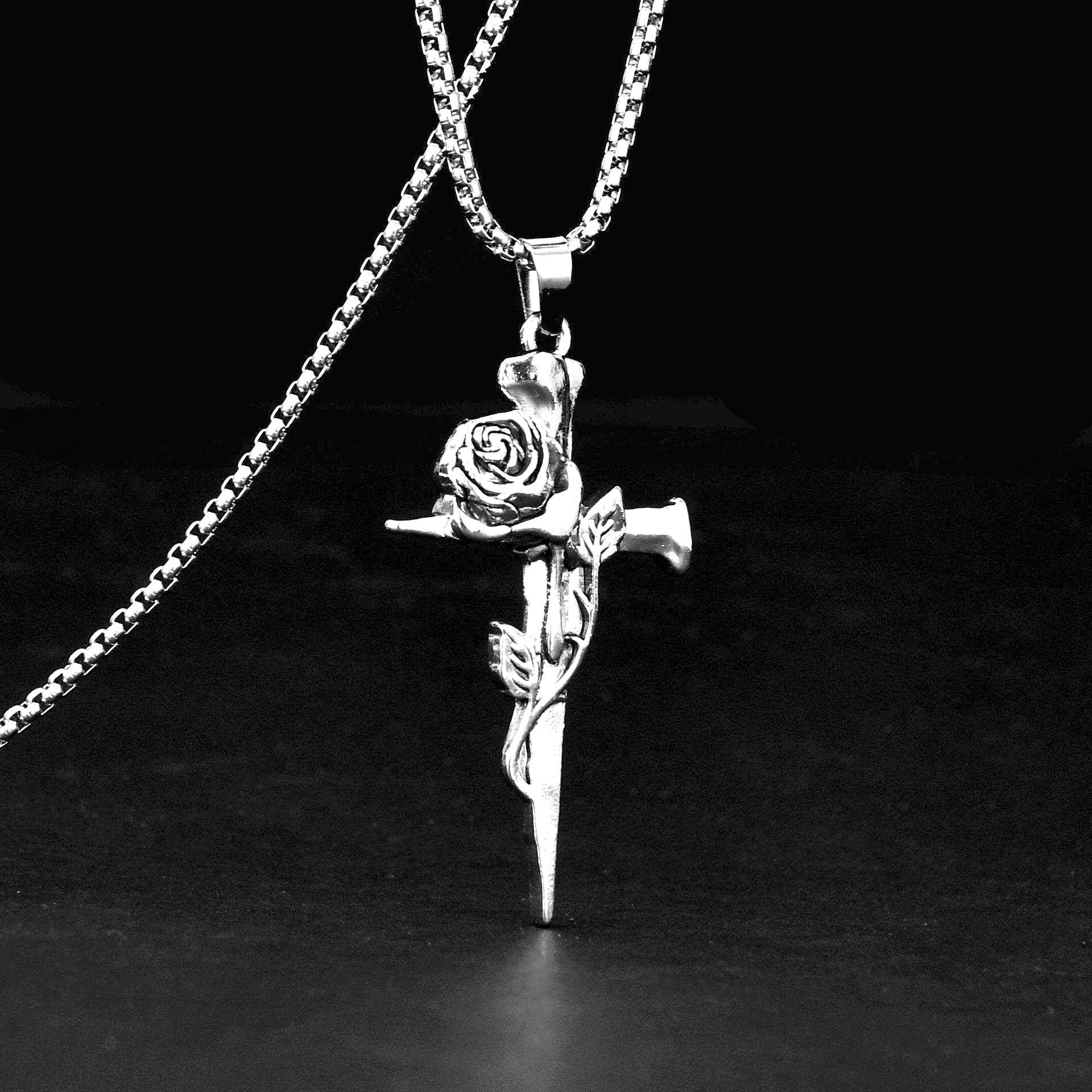 Wholesale Vintage Rose Cross personality hipster jewelry men's and women's long necklace Hip Hop cole alloy pendant sweater chain
