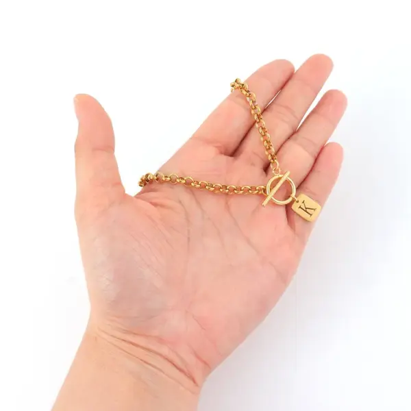 Wholesale Fashion Commuter All-Match Rectangular Hollow Initial Letter Pendant OT Buckle 201 Stainless Steel Bracelet Women's Necklace Plated 18K Real Gold