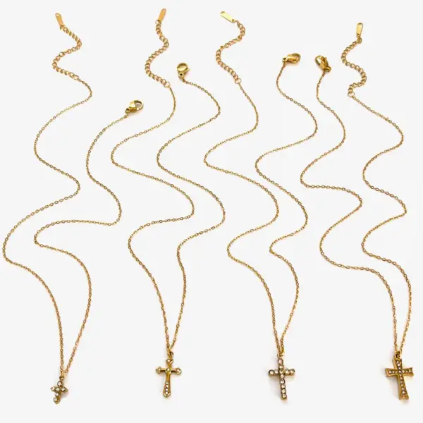 Wholesale 304 Stainless Steel Cross PVD Coated Rhinestones Real Gold Plated IG Style Japanese Style Commute Waterproof Non Tarnish Surgical Steel Cable Chain Lobster Trigger Clasp Closure Gold Pendant Necklace