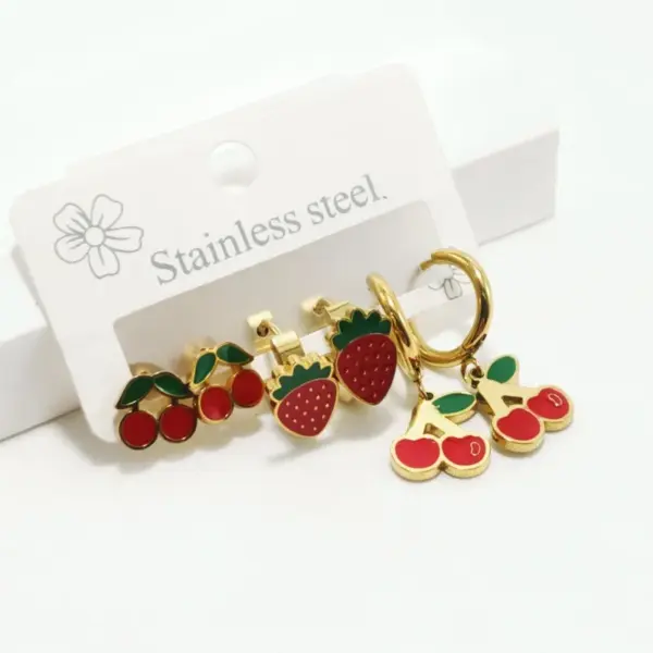 Wholesale 304 Stainless Steel Cherry Strawberry Electroplating Golden Plated Casual Cute Waterproof Non Tarnish Gold Ear Studs
