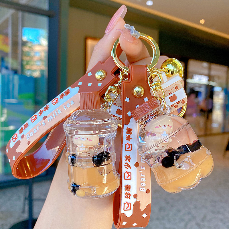 Wholesale Creative pearl milk tea oil keychain cute car key chain cole Women bag pendant small gift