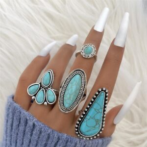 Wholesale Ethnic Style Retro Petal Set Turquoise Ring Geometric Joint Ring Four-piece Set
