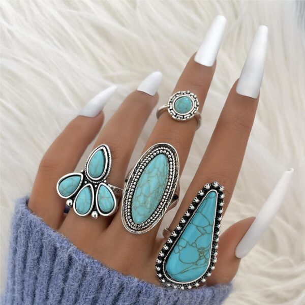 oly-5ffec12510b87f94e84cb18bd324bb91 Wholesale Ethnic Style Retro Petal Set Turquoise Ring Geometric Joint Ring Four-piece Set
