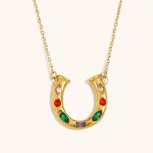 Colorful Crystals U-Shaped Pendant Necklace-Gold