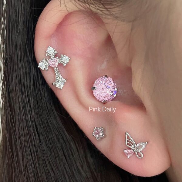 oly-600557142a104048a3997a92364efbb4 Wholesale Pink zircon cross ear bone nail titanium steel screw fireworks cut ear nail niche design butterfly earrings