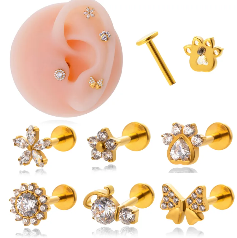 Wholesale 1 Piece Ear Cartilage Rings & Studs IG Style Vintage Style Geometric Flower Bow Knot Pure Titanium Plating Inlay Zircon