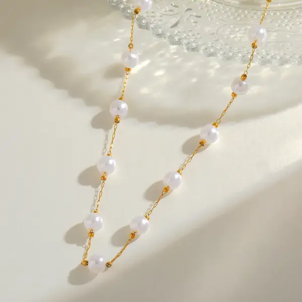 PVD Coated 14K Gold Real Gold Plated Solid Color 304 Stainless Steel Imitation Pearl Simple Style Waterproof Non Tarnish Bracelets Anklet Necklace