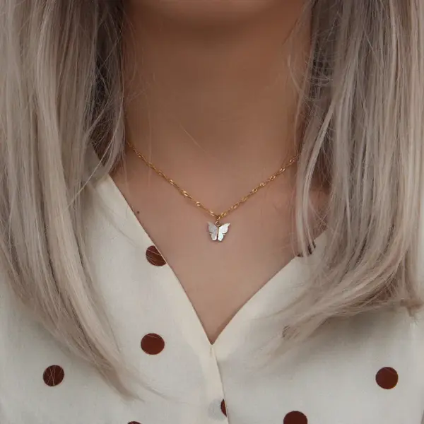 Wholesale PVD Coated Real Gold Plated 18K Gold Butterfly 304 Stainless Steel Waterproof Non Tarnish 304 Stainless Steel Necklace