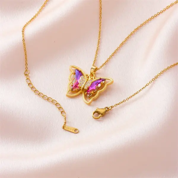 Simple Style Butterfly Stainless Steel Copper Artificial Diamond Crystal Glass Bead 18k Gold Plated Pendant Necklace
