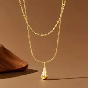 X01255-Double Layer Water Drop-Necklace- Gold
