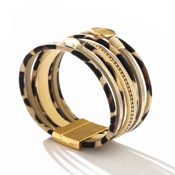 Bohemian Leopard Pu Leather Alloy Beaded Buckle Artificial Pearls Gold Plated Sier Plated Women's Bracelets