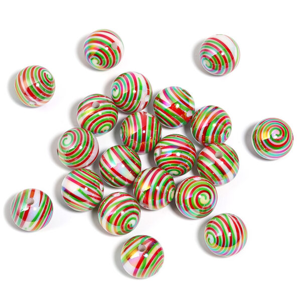 Wholesale Christmas Acrylic Round Candy Striped Spiral Printed Beads