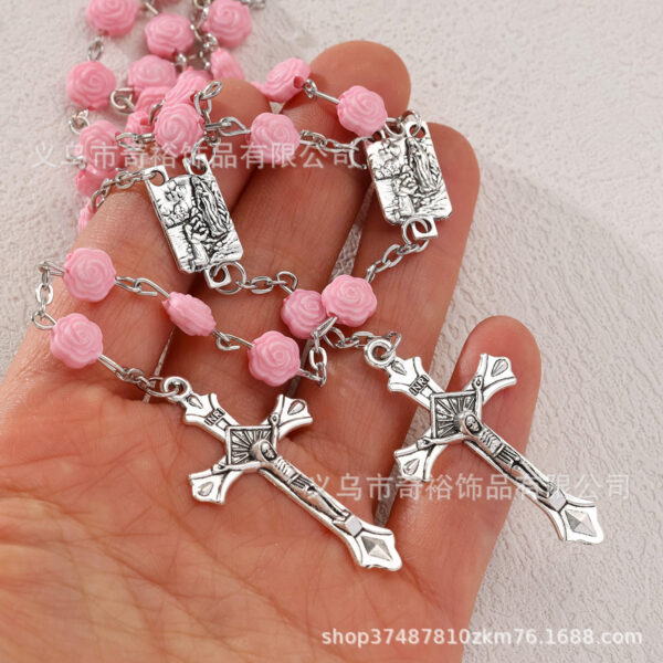 Wholesale Pink Rose Flower Beaded Cross Bracelet Necklace