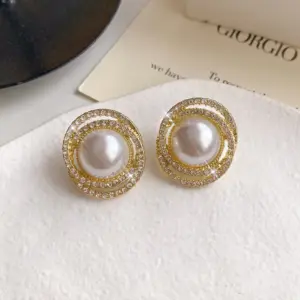1-Golden, round Pearl Diamond Stud Earrings