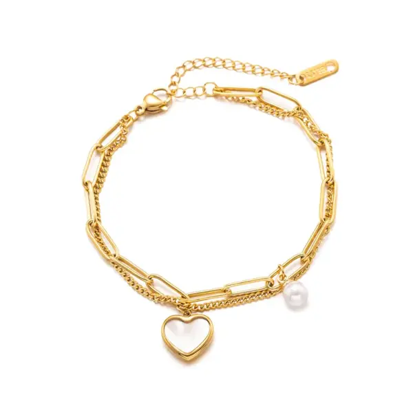 Elegant Baroque Style Modern Style Geometric Heart Shape Imitation Pearl Titanium Steel Paperclip Chain Cable Chain Bracelets In Bulk