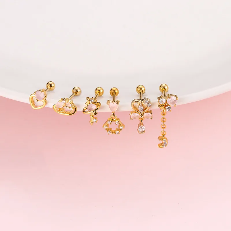 Wholesale 1 Piece 316L Stainless Steel Copper Zircon Ear Cartilage Rings & Studs Heart Shape Bow Knot Waterproof Non Tarnish Surgical Steel