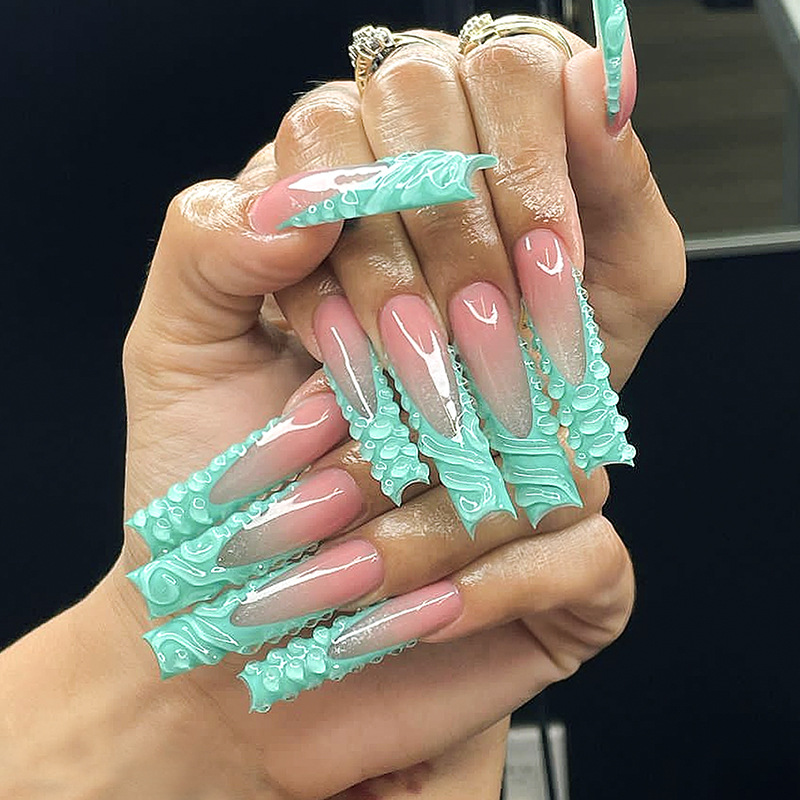 Wholesale European and American Hot-Selling Handmade Wearable Nails, Extra-Long Water Pipe Manicure Nails, Green French Edge 3D Stereo Pattern Nails