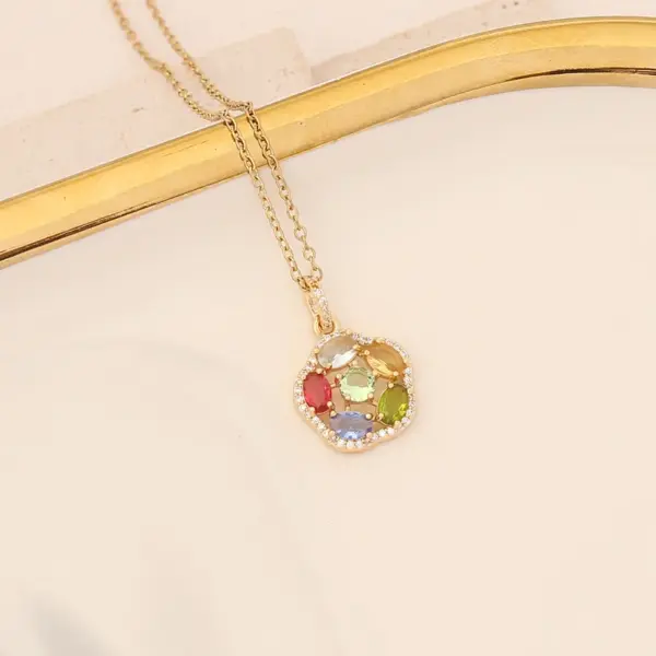 Wholesale Stainless Steel Rainbow Flower PVD Coated Zircon 18K Gold Real Gold Plated Cute Waterproof Non Tarnish Cable Chain Colorful Necklace