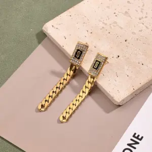 Rhinestone Drop Oil Rectangular Cuban Link Chain Earrings (Needle Thickness: 0.8) / 1 Pair/Package