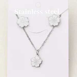 White Six-Petal Flower Pendant Necklace & Earings Set (Steel Color) / 14x12mm (Length:450+50mm)& 12x12mm / 1 Set/Package
