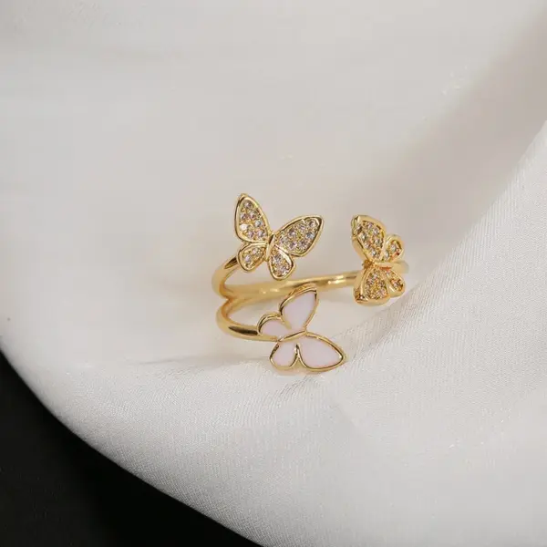 Wholesale Copper 18K Gold Plated Sweet Plating Inlay Butterfly Zircon Open Ring
